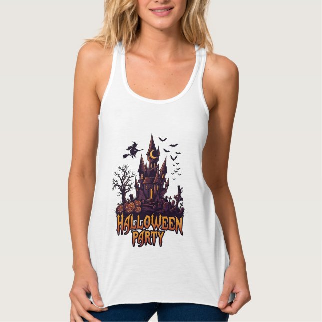 Halloweenfest Spök Slott Pumpa Fladdermöss Linne Med Racerback (Framsida)