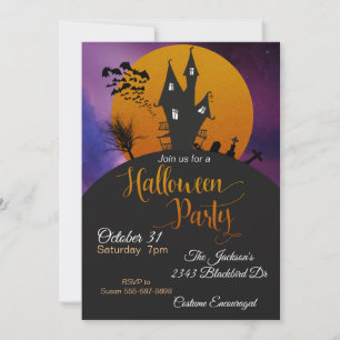 Halloweenfest Spökhus Fladdermöss Orange Lila Inbjudningar