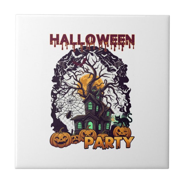 Halloweenfest Spökhus Träd Pumpa Svart  Kakelplatta (Framsidan)