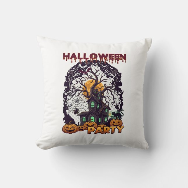 Halloweenfest Spökhus Träd Pumpa Svart  Kudde (Framsida)