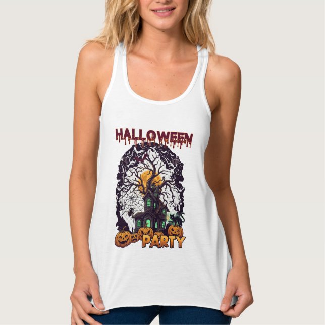 Halloweenfest Spökhus Träd Pumpa Svart  Linne Med Racerback (Framsida)