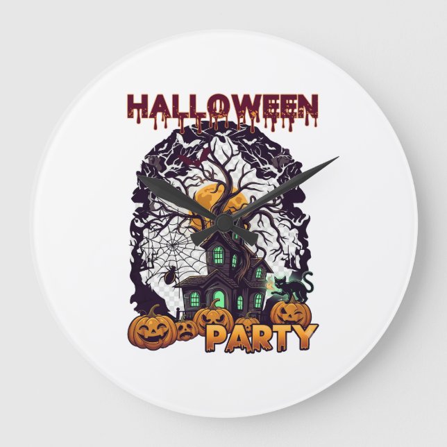 Halloweenfest Spökhus Träd Pumpa Svart  Stor Klocka (Framsida)
