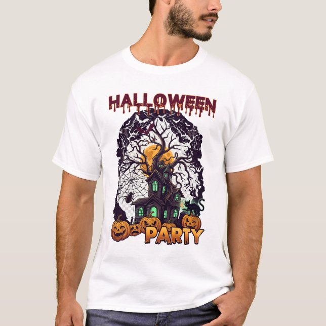 Halloweenfest Spökhus Träd Pumpa Svart  T Shirt (Framsida)