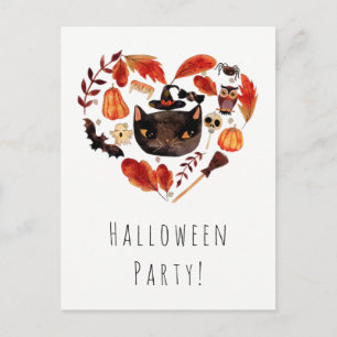 Halloweenfest Svart Katt Akvarell Drömlig Inbjudan Vykort