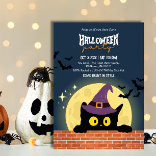 Halloweenfest Svart Katt Måne Fladdermus Häxhatt K Inbjudningar