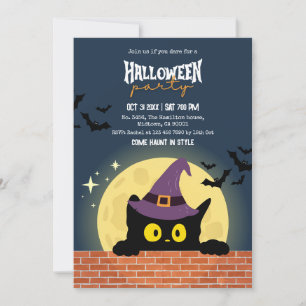 Halloweenfest Svart Katt Måne Fladdermus Häxhatt K Inbjudningar
