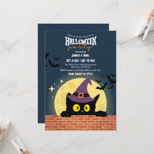 Halloweenfest Svart Katt Måne Fladdermus Häxhatt S Inbjudningar