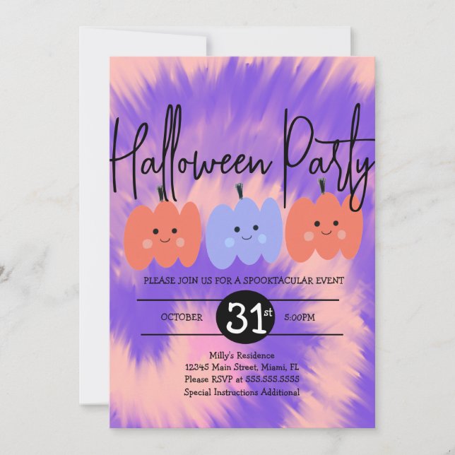 Halloweenfest Tie Dye Pumpa Handritad   Inbjudningar (Framsida)