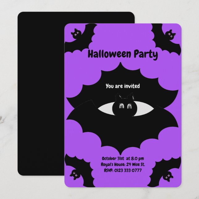 Halloweenfladdermöss på ultraviolett inbjudningar (Fram/baksida)