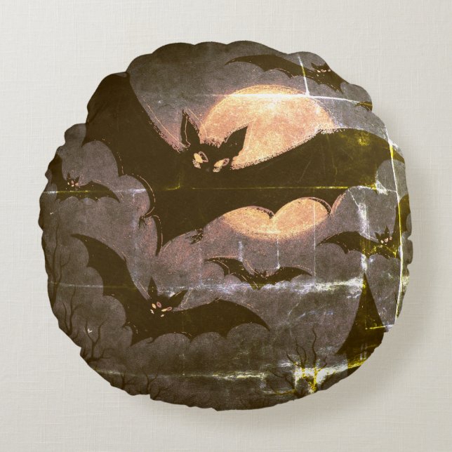 Halloweenfladdermus och fullmåne rund kudde (Framsidan)