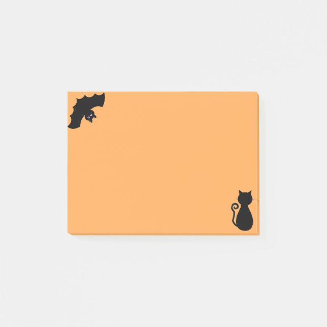 Halloweenfladdermus och svart katt på orange post-it block (Framsida)