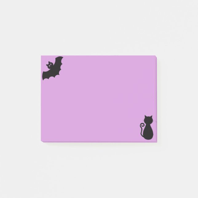 Halloweenfladdermus och svart katt på violett post-it block (Framsida)