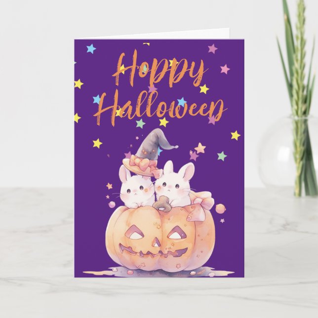 Halloweenhälsning med kaninungar i pumpa helgkort (Framsida)