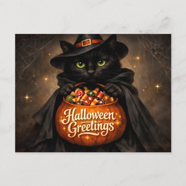 Halloweenhälsningar Svart katt med godis  Vykort (Framsida)