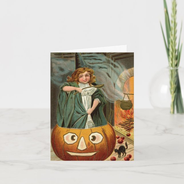 Halloweenhäxa i vintage-stil kort (Framsida)