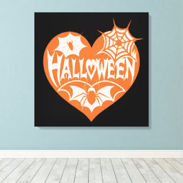 Halloweenhjärta, Orange hjärta form, Spindelnät Canvastryck