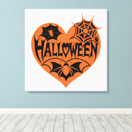 Halloweenhjärta, Orange hjärta form, Spindelnät Canvastryck