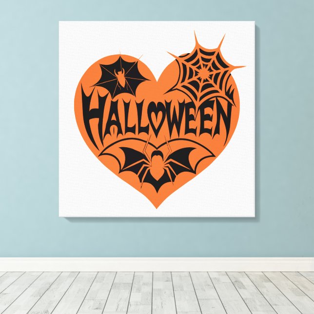 Halloweenhjärta, Orange hjärta form, Spindelnät Canvastryck (Insitu (trägolv))
