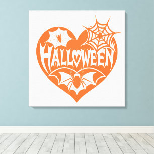 Halloweenhjärta, Orange hjärta form, Spindelnät Canvastryck