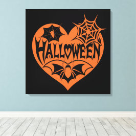 Halloweenhjärta, Orange hjärta form, Spindelnät Canvastryck