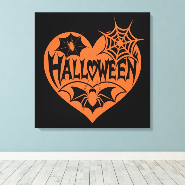 Halloweenhjärta, Orange hjärta form, Spindelnät Canvastryck (Insitu (trägolv))