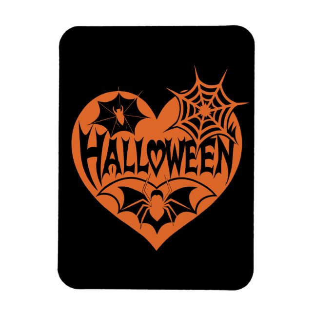Halloweenhjärta, Orange hjärta form, Spindelnät Magnet (Vertikal)