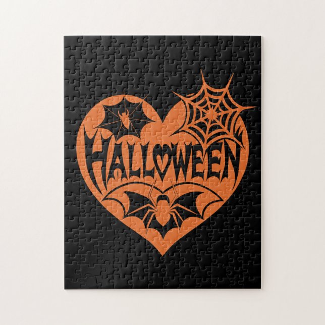 Halloweenhjärta, Orange hjärta form, Spindelnät Pussel (Vertikal)