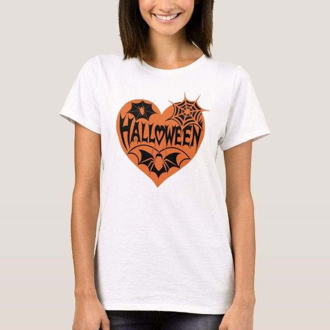 Halloweenhjärta, Orange hjärta form, Spindelnät T Shirt (Framsida)