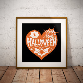 Halloweenhjärta, Orange hjärtform, Spindelnät Fototryck
