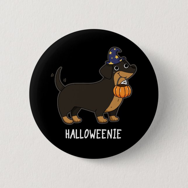 Halloweenie Rolig Korv Hund Puns Mörk Bakgrund Knapp (Framsida)