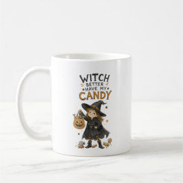 Halloweenillustration av häxa med godis kaffemugg