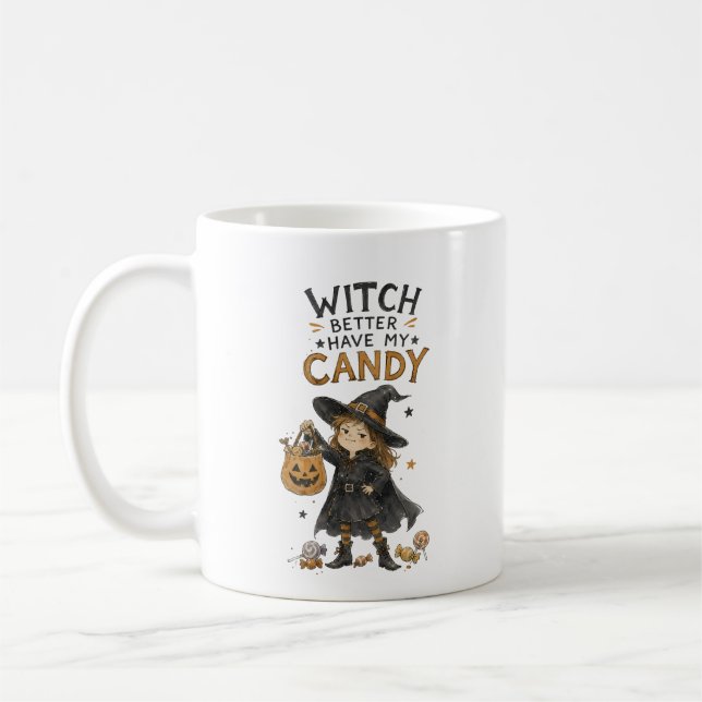 Halloweenillustration av häxa med godis kaffemugg (Vänster)
