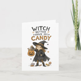 Halloweenillustration av häxa med godis kort