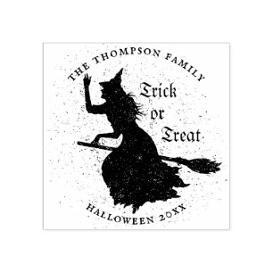 Halloweenillustration med häxa och trick or treat stämpel