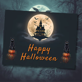 Halloweenkatten på Moonlit Manor Vykort