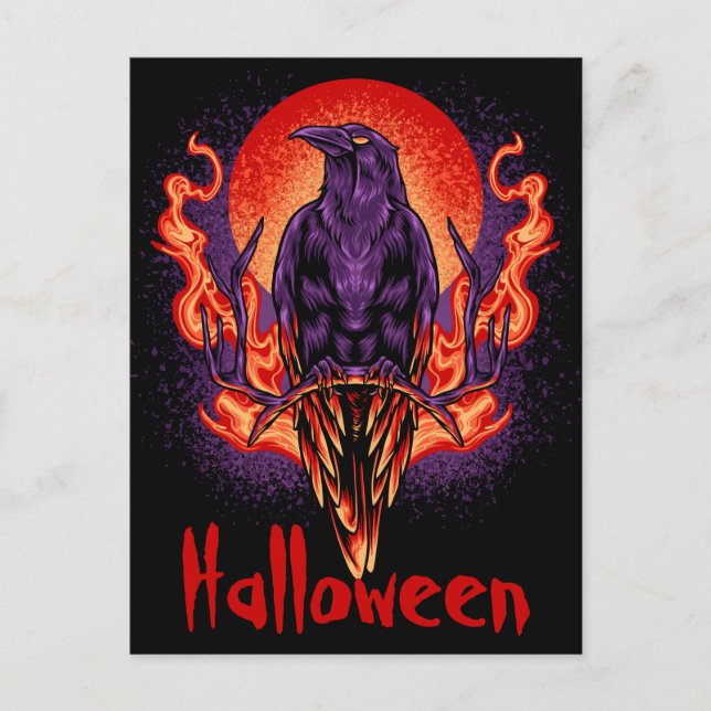 Halloweenkråka med lågor vykort (Framsida)