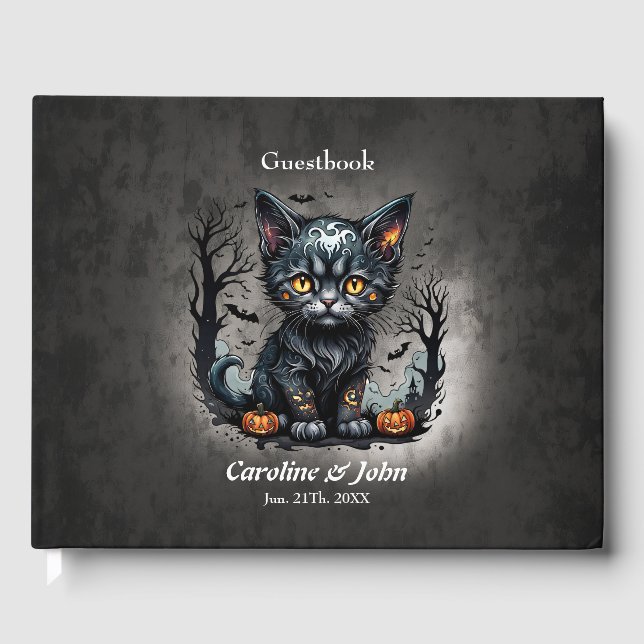 Halloweenkväll med kattunge och pumpor. gästböcker (Framsida)
