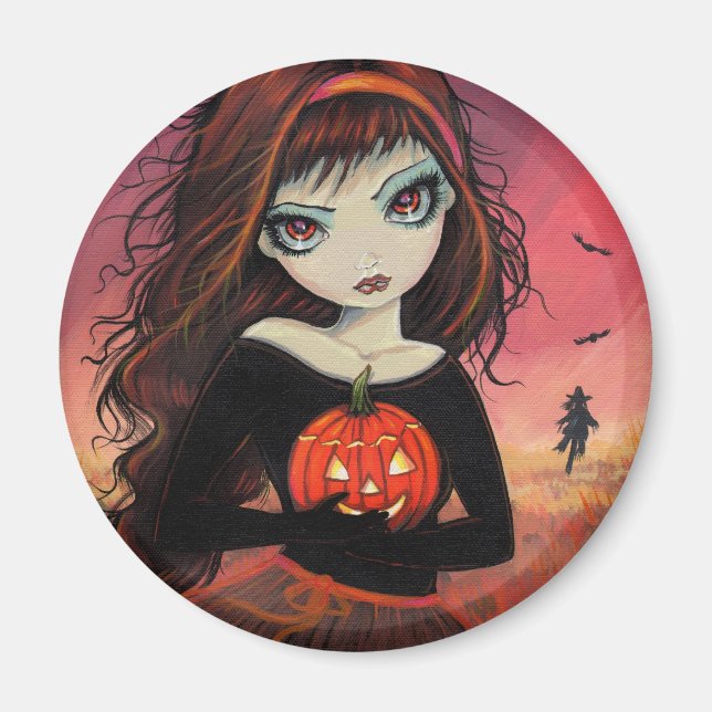 Halloweenmagnet Storögd flicka med pumpa Magnet (Framsidan)