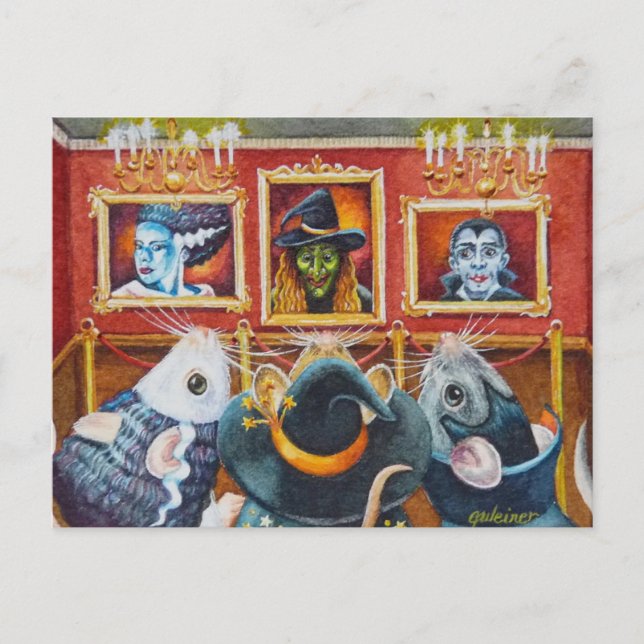 Halloweenmöss besöker konstmuseum Akvarellkonst Vykort (Framsida)