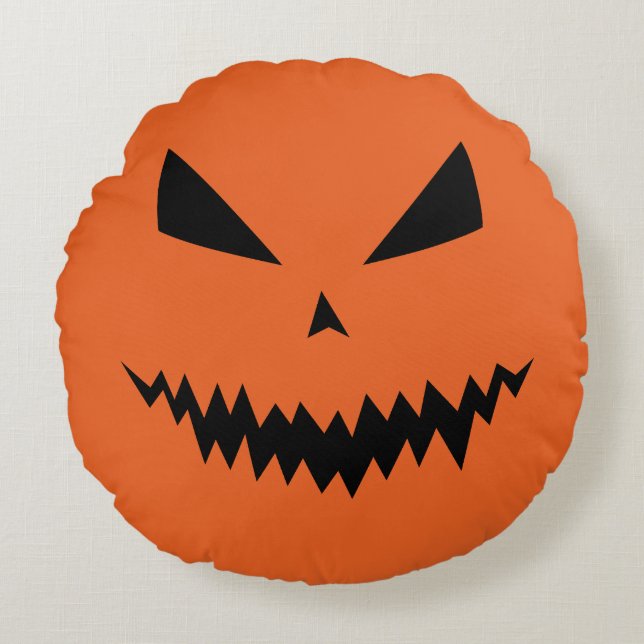 halloweenpresent, pumpa ansikte, halloween, spökli rund kudde (Framsidan)