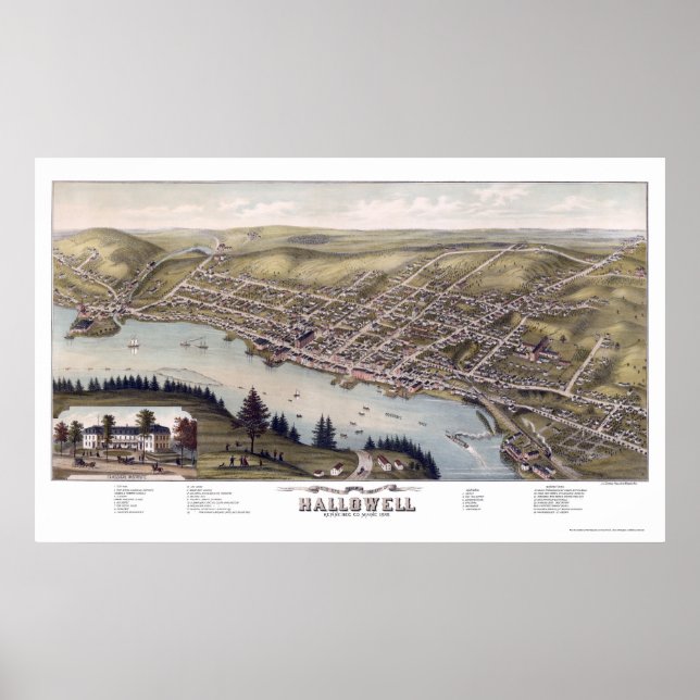 Hallowell, ME Panoramic Karta - 1878 Poster (Framsidan)