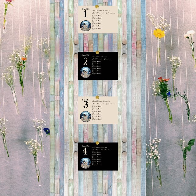 Hallowen Gothic Döskallars Tarot Älskare Bröllop Bordsnummer (Boho sitting chart with hanging flowers and table number cards)