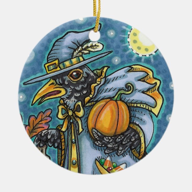 HALLOWS KVÄLL BLACKBIRD WIZARD, HALLOWEEN RAVEN JULGRANSPRYDNAD KERAMIK (Framsidan)