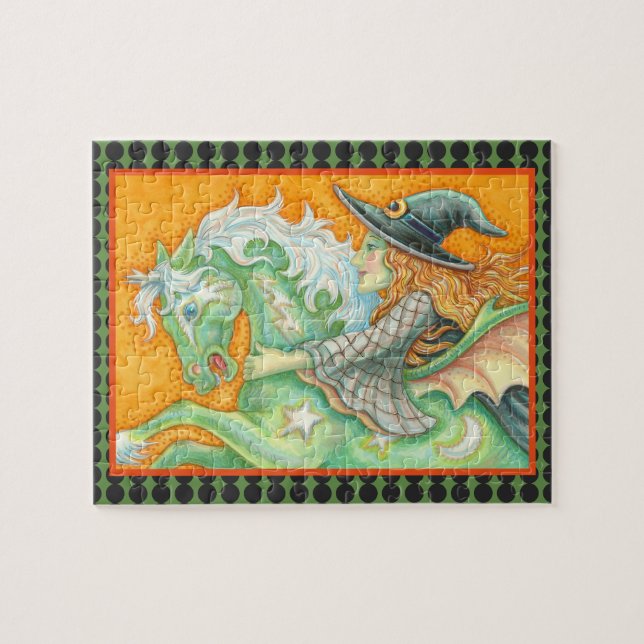HALLOWS KVÄLL WITCH AND HORSE INTERLOCKING PUZZZLE PUSSEL (Horisontell)