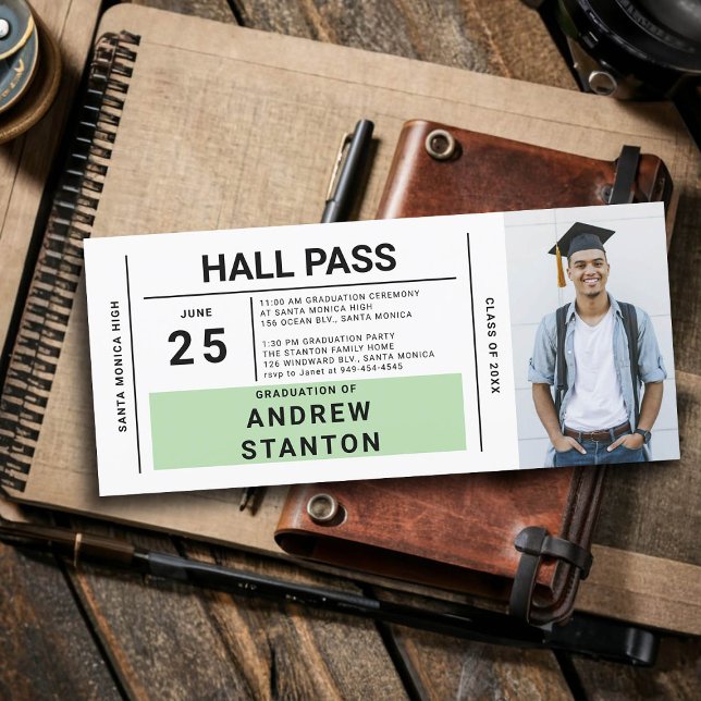 Halls Pass Grad Grönt-inbjudan till högskolan i Pa (boy graduation party ideas high school hall pass invitation template male grad diy personalized fun)