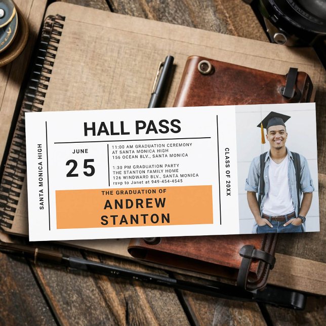 Halls Pass Grad Orange-inbjudan till högskolan i P (boy graduation party ideas high school hall pass invitation template male grad diy personalized cool)