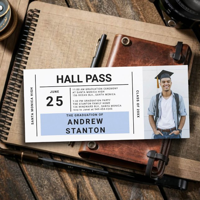 Halls Pass Grad Party Blue High School-inbjudan (boy graduation party ideas high school hall pass invitation template male grad diy personalized blue)