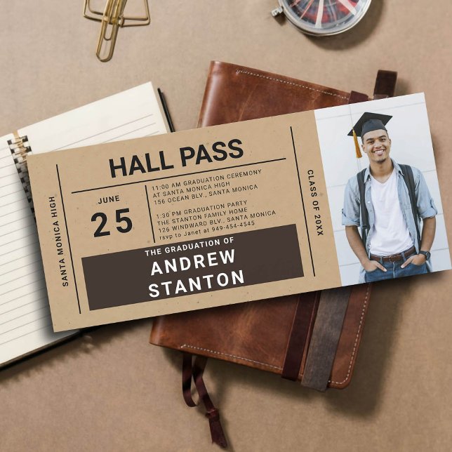 Halls Pass Grad Party Craft High School-inbjudan (boys graduation party ideas high school hall pass unique personalized invites brown craft paper)