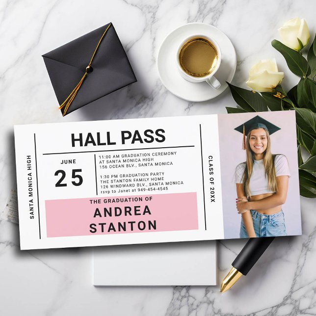 Halls Pass Grad Party Rosa High School-inbjudan (graduation party ideas high school hall pass invitation template grad diy personalized pink ticket)