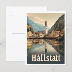 Hallstatt Austria Art Vintage resor Illustration Vykort